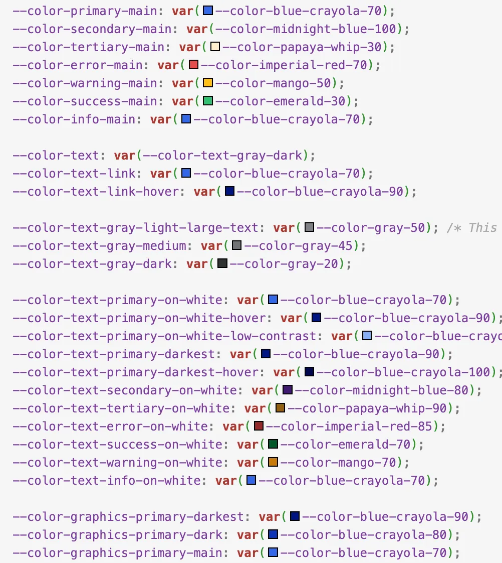Screenshot of CSS tokens in a code editor