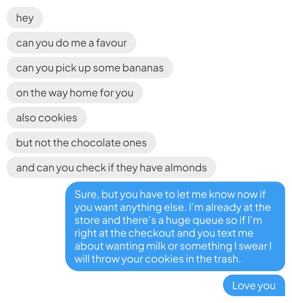 Two kinds of texting styles – a series of short text messages, and one long wordy text message