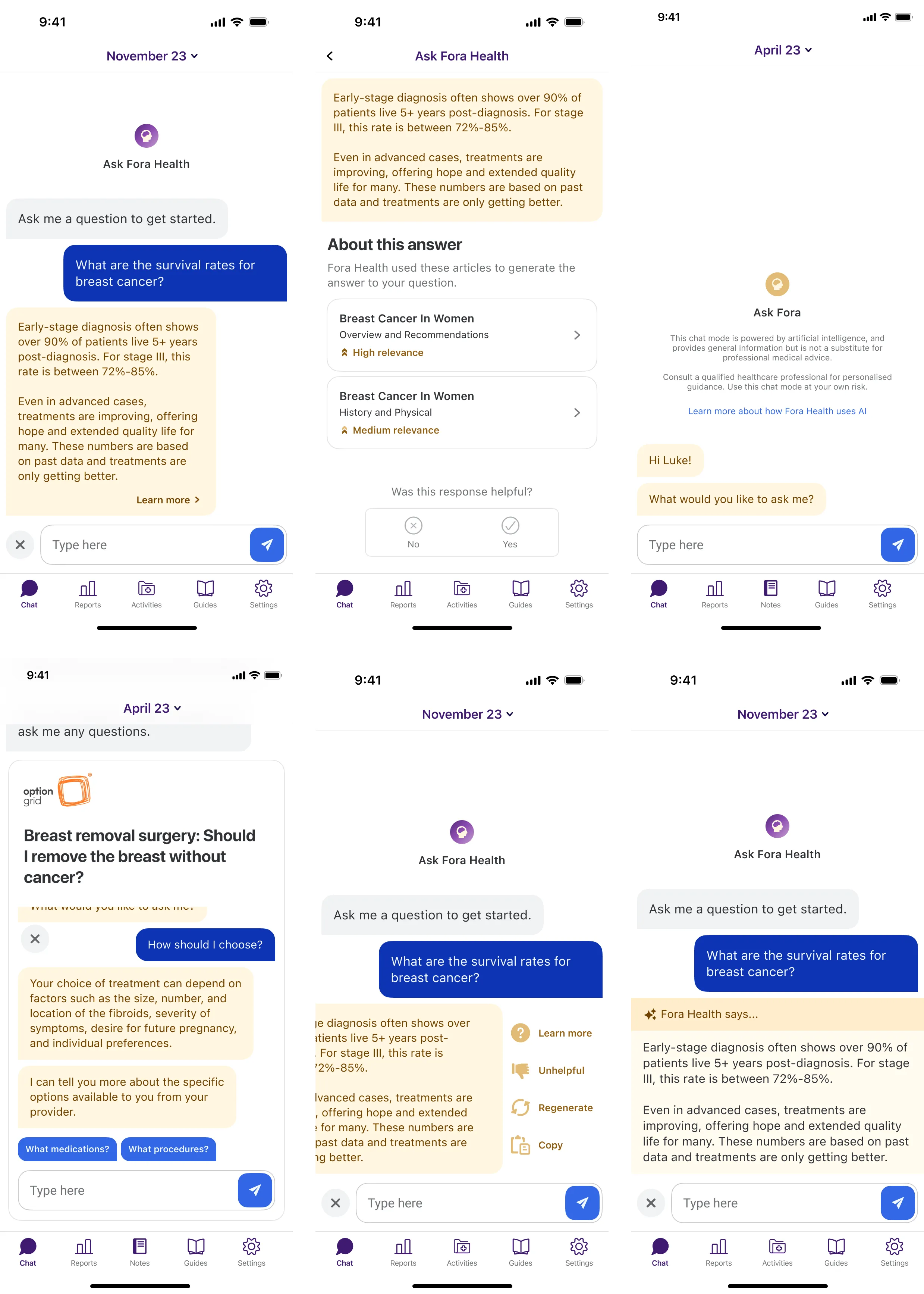 A series of design iterations for the Ask Fora Health chat interface, showing the evolution of the colour scheme, message layout, and additional context elements.