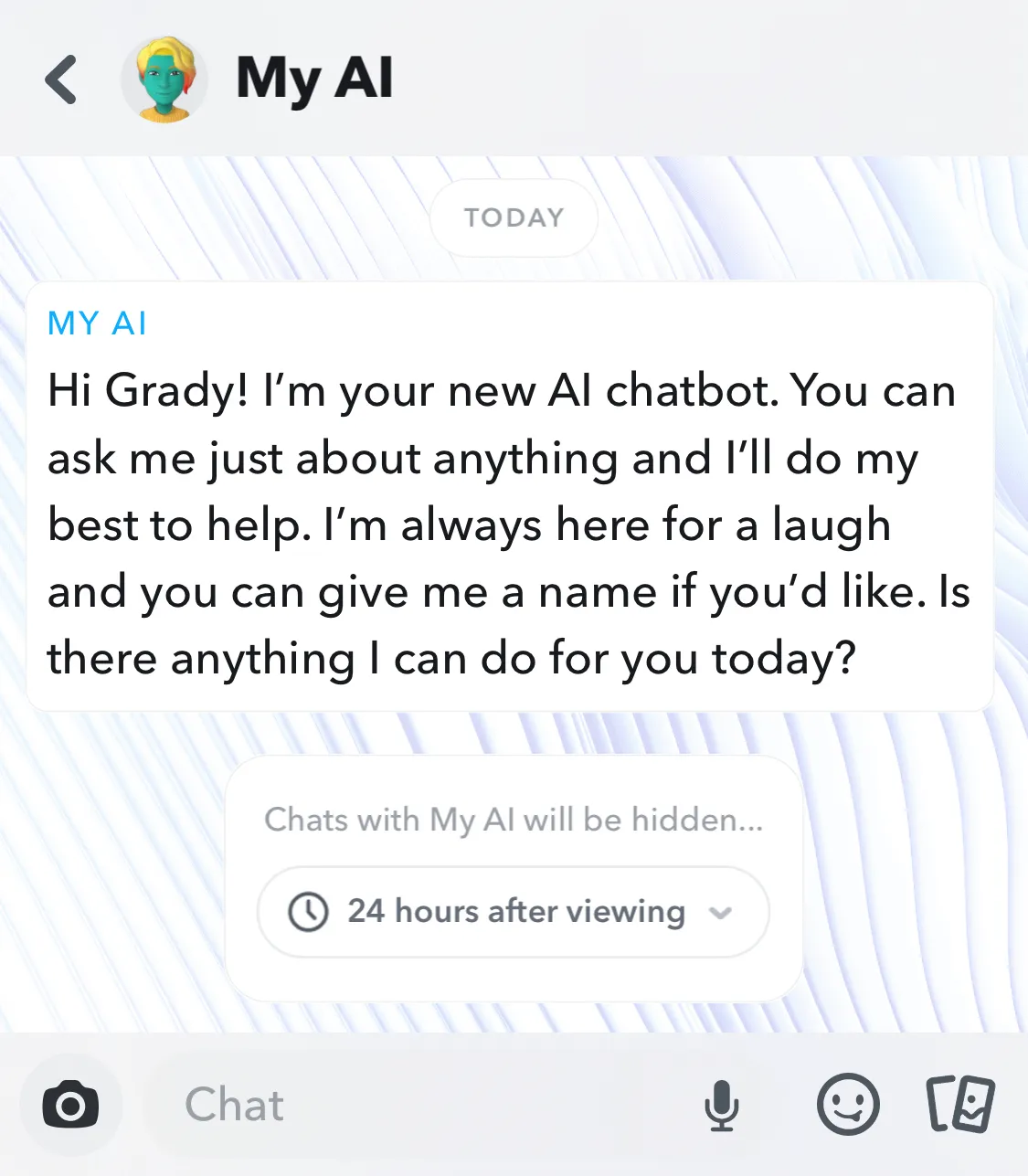 Chat input from Snapchat My AI Snapchat