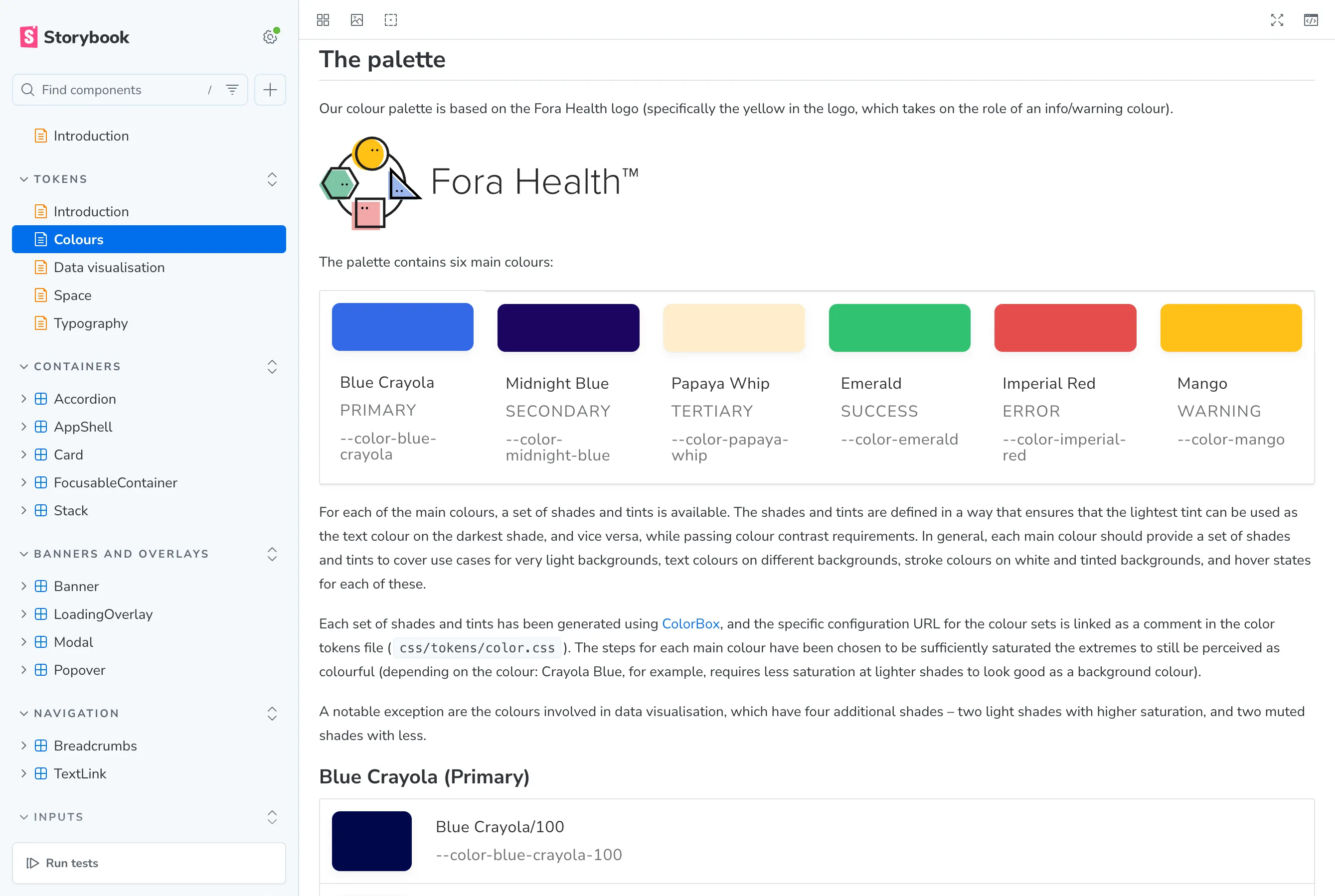 A documentation page outlining the main color palette of Fora Health.