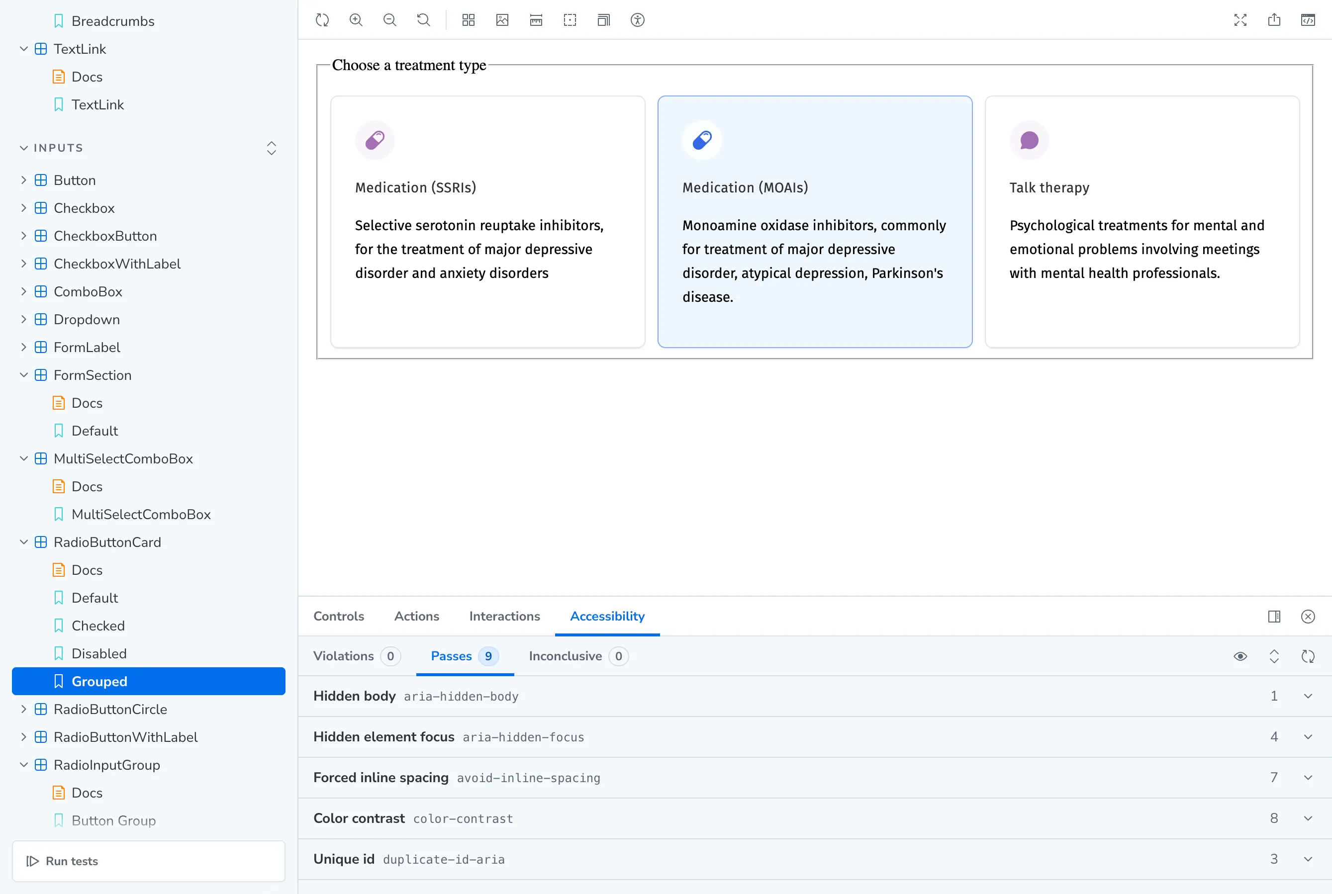A documentation page of a UI component with a panel showing passing accessibility tests.