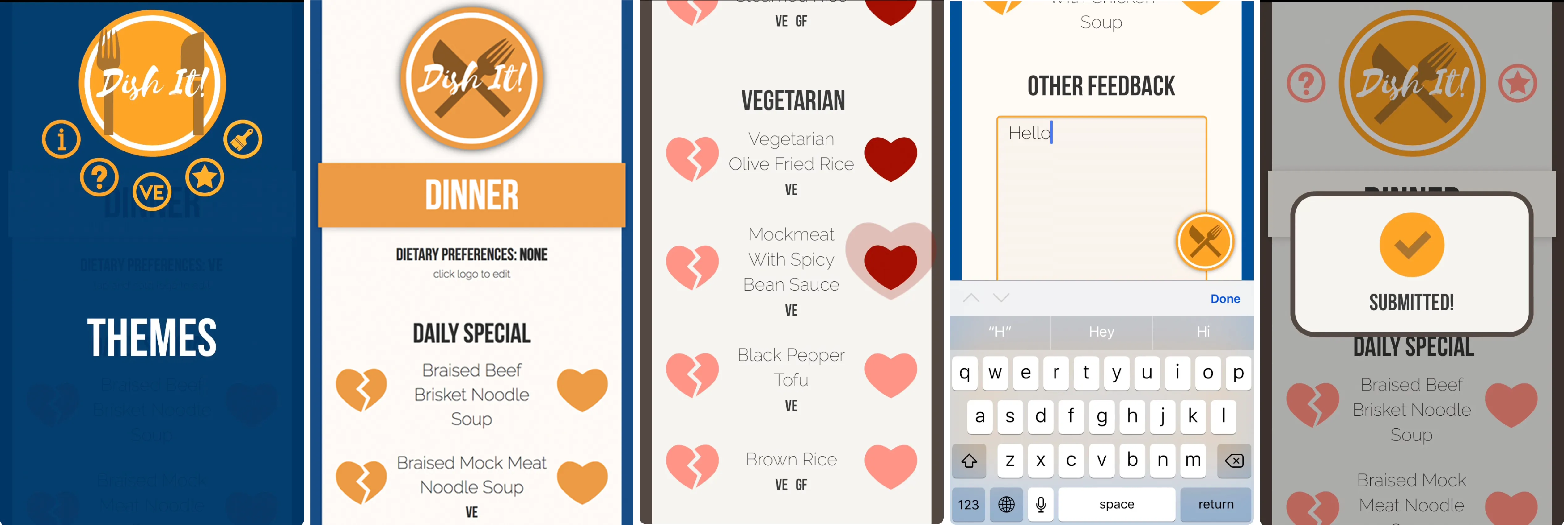 The various app states of Dish It!